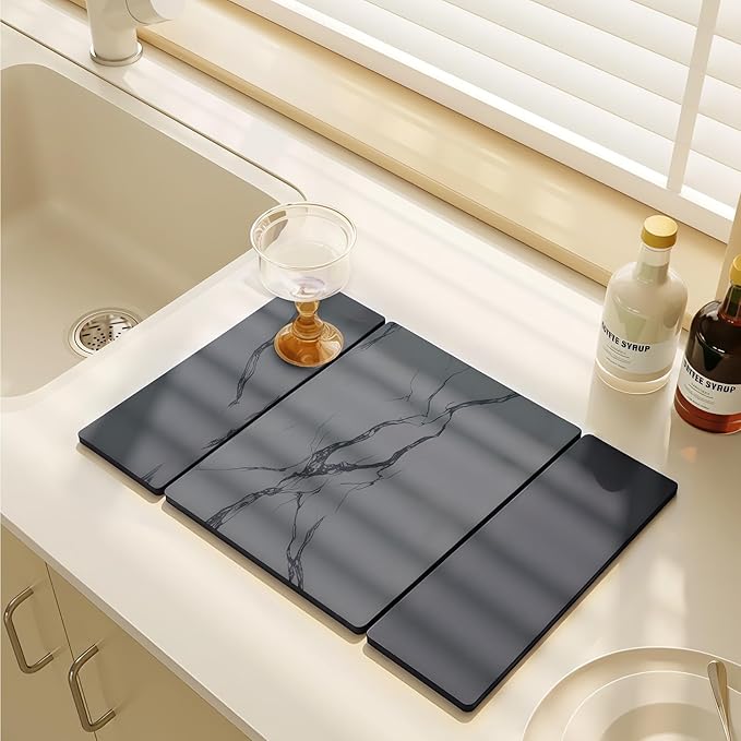 Large Stone Drying Mat for Kitchen Counter, 24"x16" Collapsible Quick Dry Dish Drying Mat, Water-Absorbent Marble Diatomaceous Earth Mats for Bottles Cups Dishes, Match Any Countertop