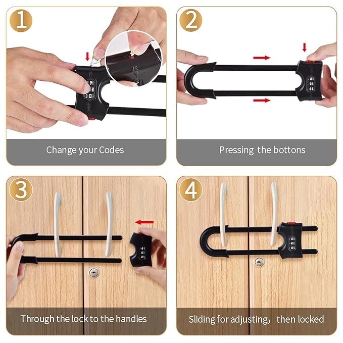 4 Pack U-Shaped Sliding Cabinet Locks Multifunctional Child Safety Lock Adjustable Baby Proof Clips for Home Cabinets Refrigerator Doors Cabinet Knobs and Window Handles (Black)