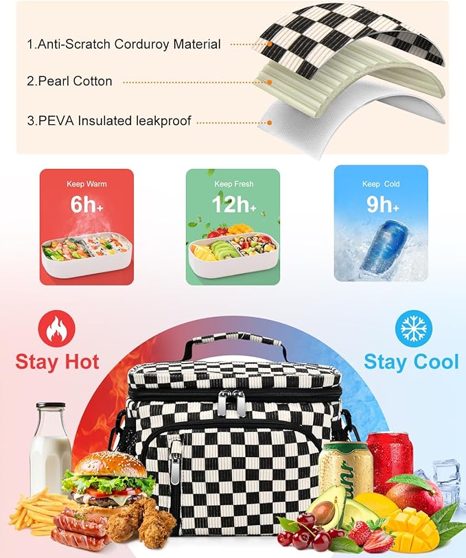 Insulated Lunch Bag for Men & Women - Leakproof Lunch Box Soft Cooler Tote, Adjustable Strap, Reusable Lunch Box for Work Office Picnic Beach Travel-Corduroy Black Checkered