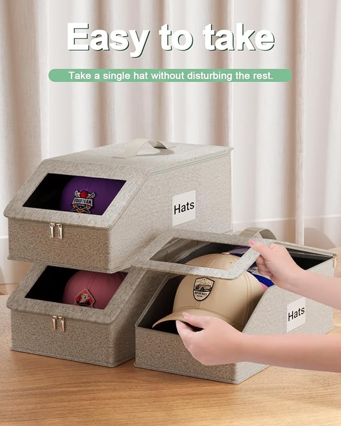 Stackable Hat Organzier for Baseball Caps, 2 PCS Hat Storage Holder Holds up to 24 Caps for Closet, Dust-Proof Hat Boxes Container with Clear Window for Home