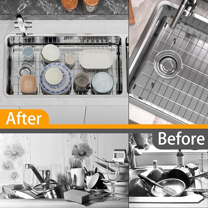 Large Sink Protector for Kitchen Sink,Metal Sink Rack 28.8" X 14.8",Stainless Steel Sink Grid for Bottom of Sink,Sink Grate with Side Drain Hole for Single Bowl with Strainer,1 Pack