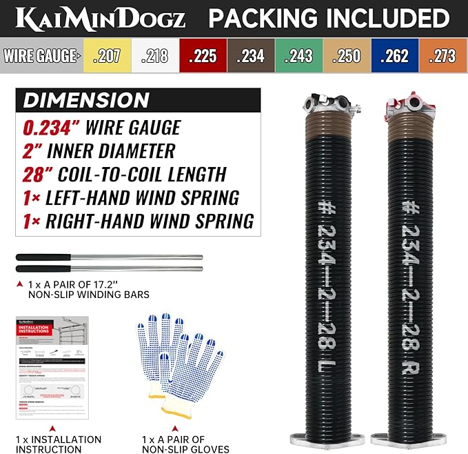 Pair of 2" Garage Door Torsion Springs Set with Non-Slip Winding Bar & Gloves,High Precision Electrophoresis Black Coated, for Replacement & Installation, MIN 16,000 Cycles (0.234x2''x28'')