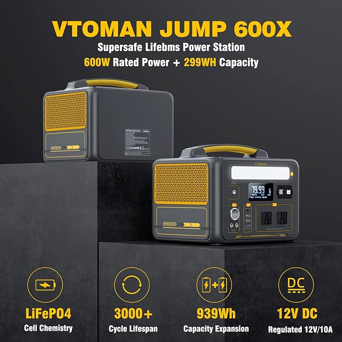 VTOMAN Jump600X 600W Portable Power Station with 640Wh Extra Battery, 939Wh Solar Generator LiFePO4 Battery, Peak 1200W AC Outlet, PD 60W USB-C, 3x12V/10A DC for Outdoor Camping, Off-grid, Home Backup