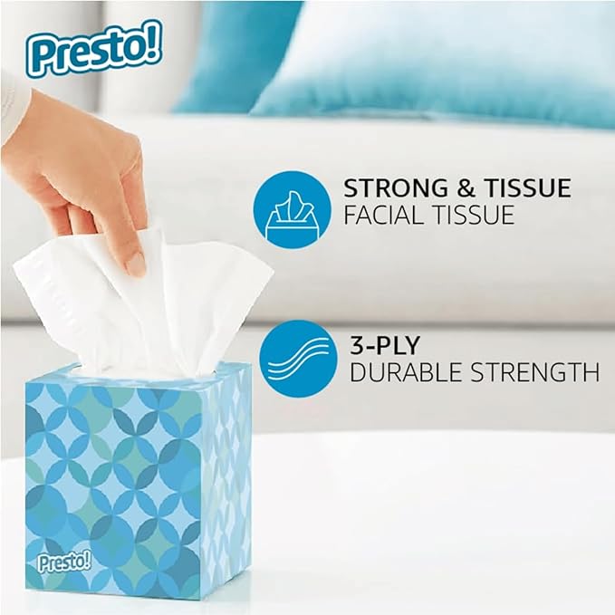 Amazon Brand - Presto! Ultra-Soft 3-Ply Premium Facial Tissues, 264 Count (12 Packs of 66), (Packaging May Vary)