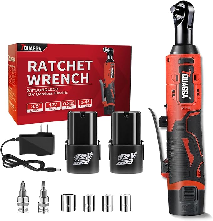 3/8" Cordless Electric Ratchet Wrench Set, 12V Power Ratchet Tool Kit With 2 Packs 1500mAh Battery And Charger, 45 FT-LBS Battery Powered Wrench with Infinitely Variable Speeds