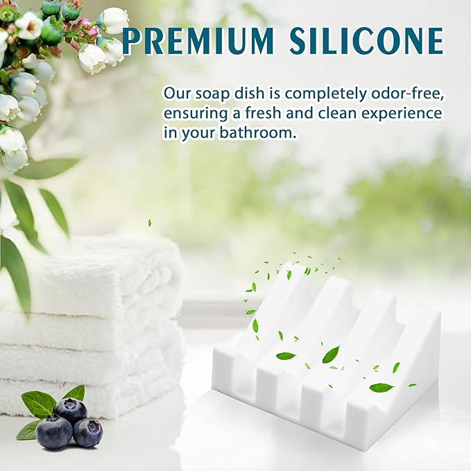Silicone Soap Dish with Drain, Upgrade Double Suction Cups at The Bottom for Anti-Slip and Stability, Soap Dish Shower Waterfall Bar Soap Holder Tray with Drain Soap Holder (2, White)
