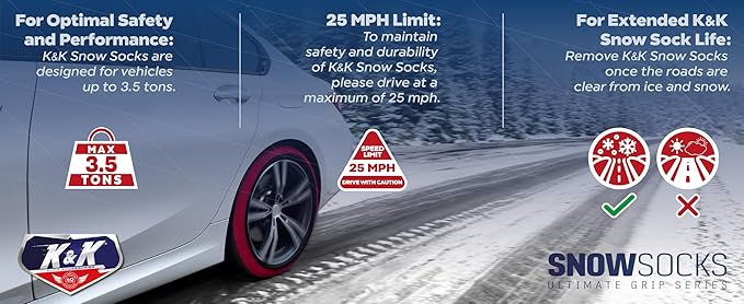 K&K Auto Accessories Snow Socks for Tires - Pro Series for Ultimate Grip Alternative for Tire Snow Chain - Snow Traction Device for Passenger Cars SUVs Trucks Winter Emergency Accessory(X-Large)