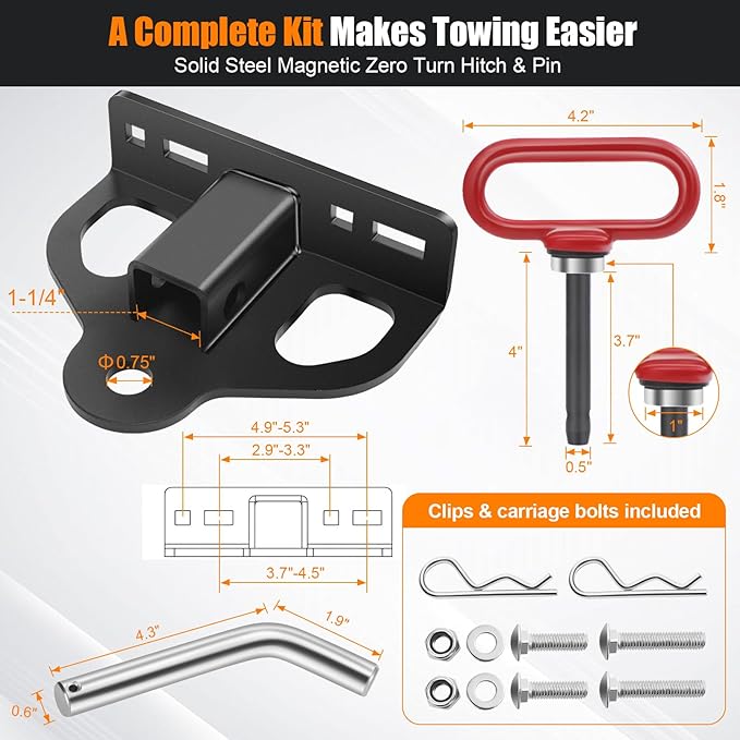 Zero Turn Lawn Mower Hitch with 1-1/4" Receiver, 6mm Thick Heavy Duty Bolt On Trailer Hitch Receivers with Chain Slot, 1/2 inch Magnetic Trailer Hitch Pin & 5/8" Hitch Pin & Clips