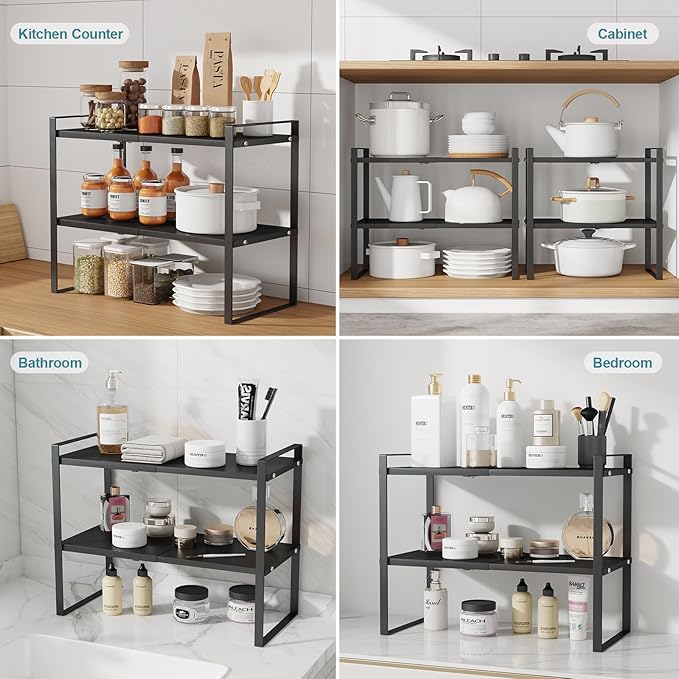 2 Tier Cabinet Shelf Expandable Cupboard Under Sink Countertop Organizer Riser Rack for Kitchen Pantry Home Organization Extra Storage Space Saver Heavy Duty