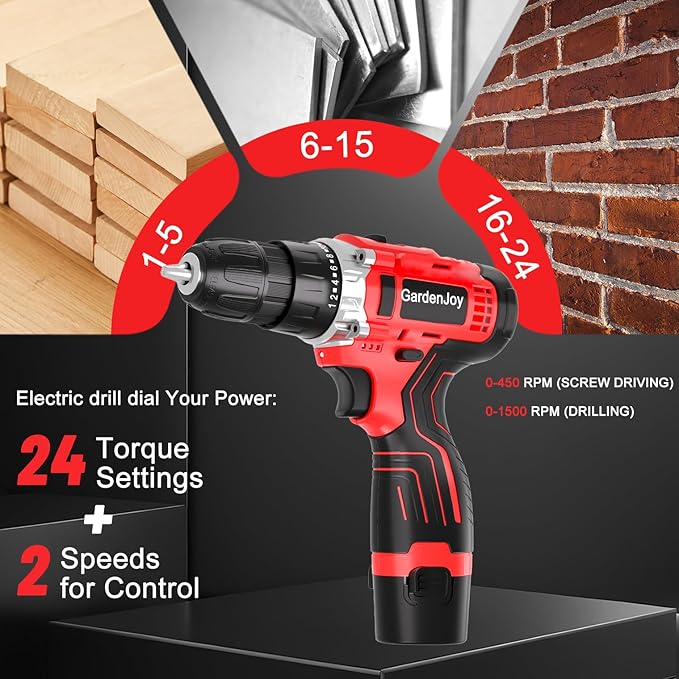 12V Cordless Drill Kit, Red, 2 Batteries & Fast Charger Included, Lightweight, 2-Speed Control, 3/8" Keyless Chuck, 24+1 Torque, LED Light for DIY Wood/Metal