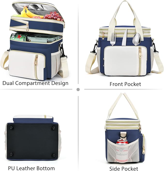 LOKASS Expandable Lunch Box for Women Men | Adult Lunchbag Cooler Tote Bag with Adjustable Shoulder Strap | Insulated Reusable Womens Lunch Bags for Work Camping Beach | 16L, Dark Blue