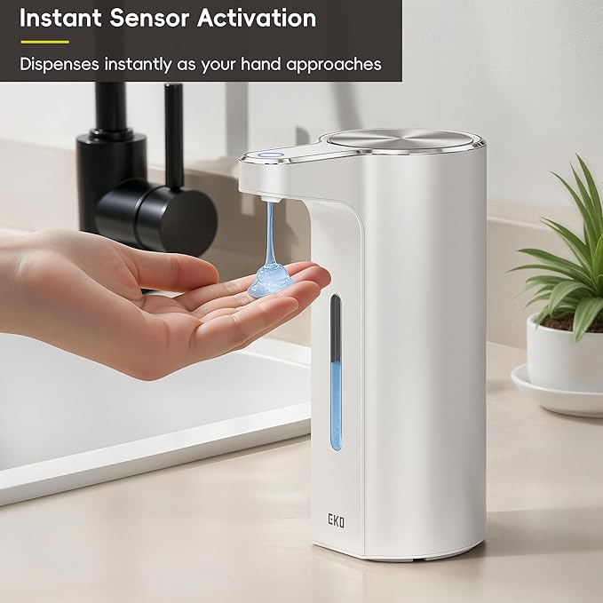 EKO Aroma Pro 13.5 fl oz Touchless Automatic Liquid Soap Dispenser, Rechargeable Electric Hand & Dish Soap Dispenser for Bathroom and Kitchen Sink, IPX7 Waterproof, Adjustable Volume Control (White)