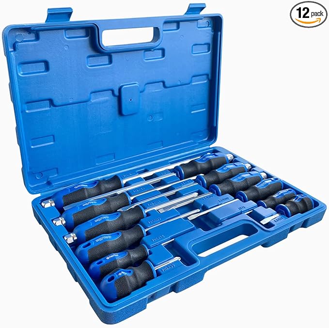 ROTATION Magnetic Screwdriver Set 12 PCS with Nichrome tips, 6 Phillips and 6 Flat Head Screwdrivers, half with Go-Thru Steel Blades, High Torque for Fastening and Loosening (Silver Tip_Gloss Blade)