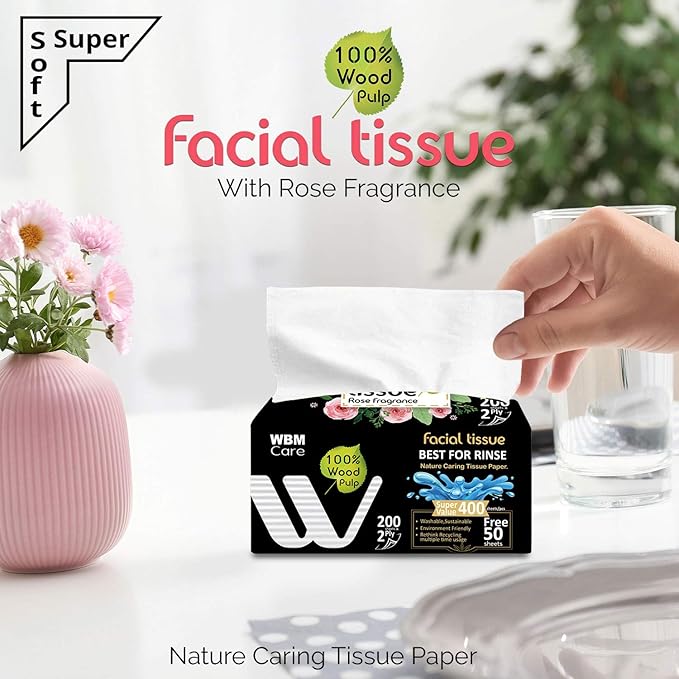 WBM Care Facial Tissues with Rose Fragrance, 200 Sheets per Pack, 20 Packs Totaling 4000 Sheets, Soft, Gentle, Perfect for Daily Use and Sensitive Skin