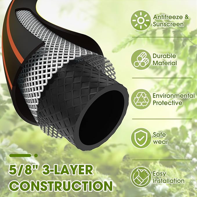 Heavy Duty Garden Hose – 5/8 Inch Flexible, Lightweight Hybrid Hose with 600 PSI Burst Pressure, Swivel Handle,All-Weather Water Hose, Durable Copper Male/Female Fittings (Black, 50FT)
