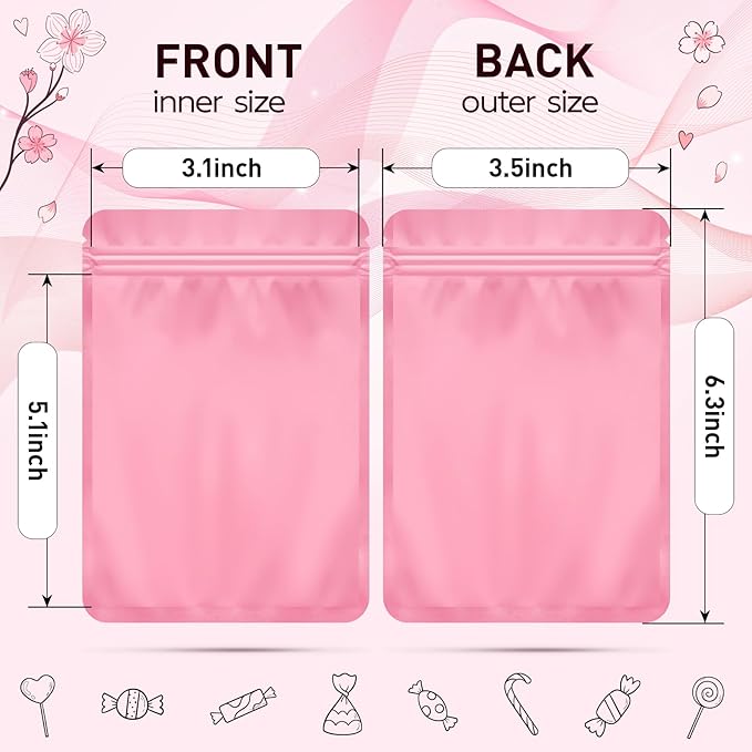 Funfery 100 Pack Pink Mylar Packaging Bags Resealable Bags Double Sided Color Odor Proof Pouch Baggies Smell Proof Foil Bag for Food Storage,Small Business(Pink,3.5x6.3inch)