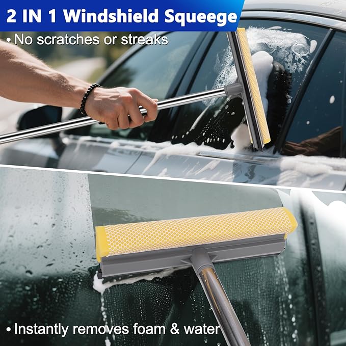 THINKWORK Car Wash Kit, Car Washing Brush with Long Handle, Extendable Car Wash Brush Mop with 2-in-1 Windshield Squeegee and 9Pcs Detailing Brush, Gray Car Detailing Kit Gift for Men