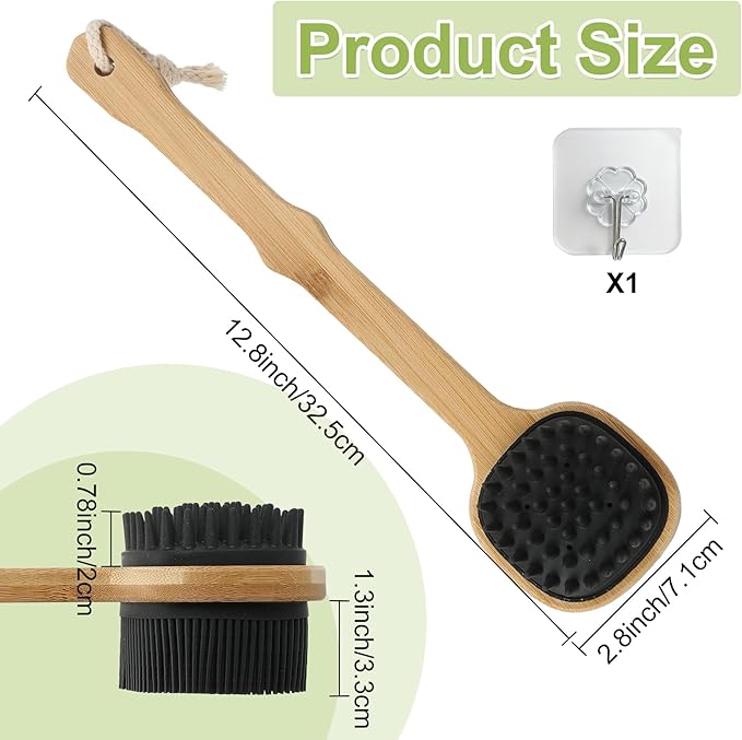 Silicone Back Scrubber for Shower, Silicone Bath Body Brush Loofah with Long Handle, Dual-Sided Shower Brush for Body, Black Exfoliating Body Scrubber for Men Women, Back Washer for Men with Hook