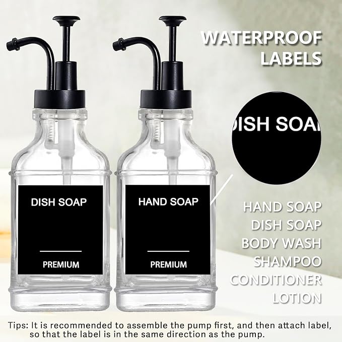 Dish Soap Dispenser for Kitchen, Hand Glass Soap Dispenser Set with Pump, Funnel for Bathroom, Shower, Laundry, Liquid, Lotion (Black 2 Pack 18 Oz Clear Bottles with 12 Stickers)