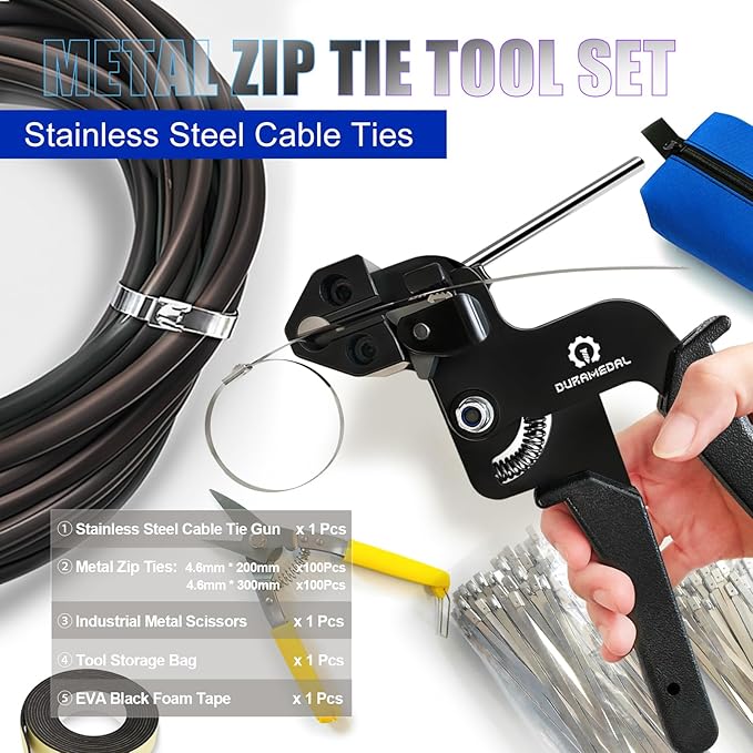 Stainless Steel Cable Tie Tool Kit with 200PCS Self-Locking Metal Wire Ties (7.9" & 11.8") - For Fencing, Cable Bundling, Exhaust Repair, and Structural Reinforcement.
