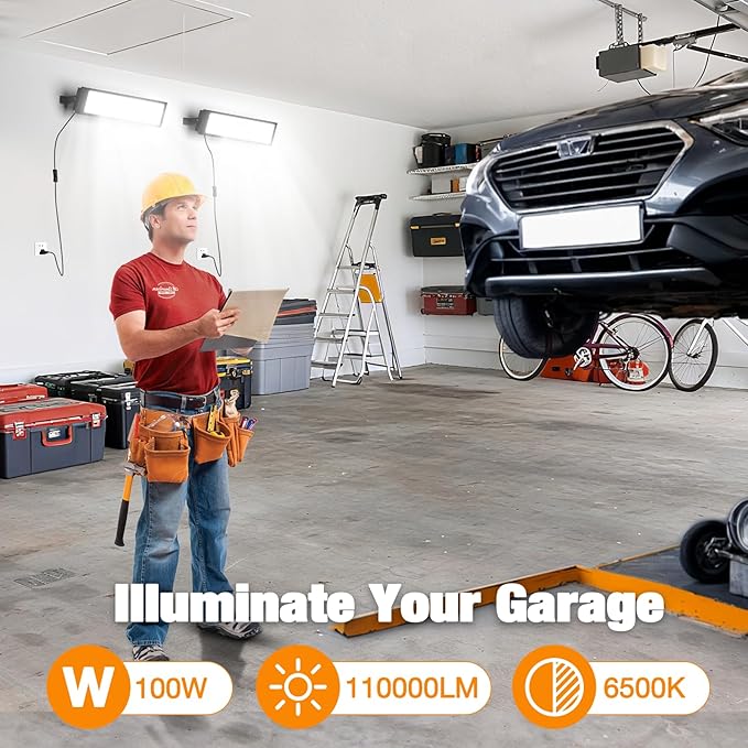 100W Led Shop Lights,2Pack Shop Light for Workshop,IP66 Waterproof Garage Lights with Plug,4.92ft Power Cord and On/Off Switch,11000LM 6500K Super Bright Led Work Light for Yard,Shop,Warehouse