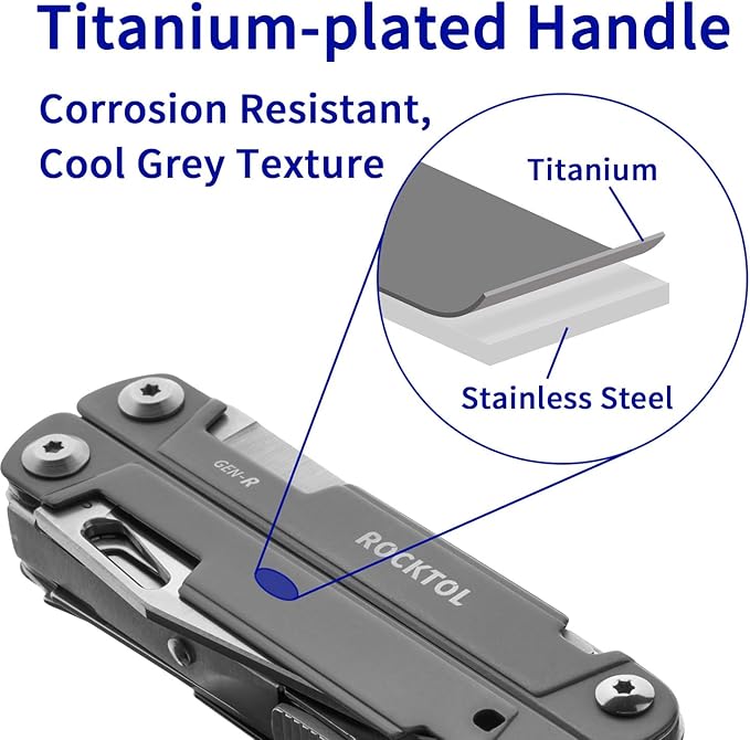 ROCKTOL Multitool Pliers, EDC Multitool Pocket Knife VG10 Blade, 27-in-1 Multi-tool with Titanium-plated Handle, Precision Screwdriver, Gut Hook for Hunting, Backpacking, Hiking, Camping, (Gen-R)