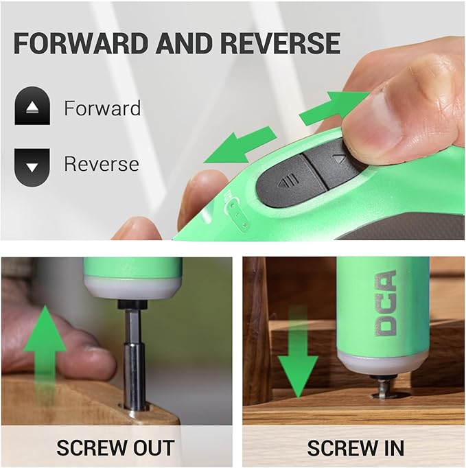 DCA 4V Electric Screwdriver Set, 5 N.m with 2000 mAh Li-ion Battery, 1/4" Magnetic Hex Chuck, USB-C Charging Cable, 18 Driver Bits for Furniture Repairs, Green