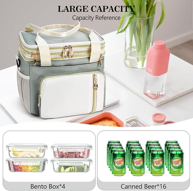 LOKASS Expandable Lunch Box for Women Men Adult Lunchbag Cooler Tote Bag with Adjustable Shoulder Strap Insulated Reusable Womens Lunch Bags for Work Camping Beach 16L, Olive Green