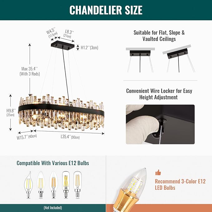Siljoy Modern Crystal Chandelier Luxury Black 2-Tiers Raindrop Chandelier Adjustable Oval K9 Crystal Ceiling Light Fixture for Dining Room Kitchen Island Bar L35.4'' x W15.7'' x H9.8'', E12 x 16