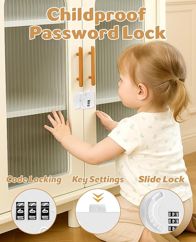 Maveek 2 Pack Child Lock for Cabinets Drawers Refrigerator Window Wardrobe Closet, Baby Proof Fridge Door Lock Childproof Combination Latch with Code Digit Password Dial (2 Pack White)