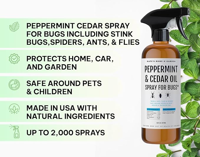 Kate's Home & Garden Peppermint Oil Spray for Bugs, Ants, Insects, Spiders, Roaches, Stink Bug. Pesticide and Insecticide Indoor Repellent Pest Control with Cedar Oil (16oz, Natural, Non Toxic)