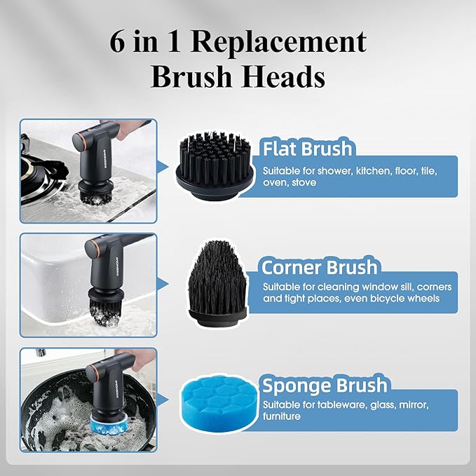 Electric Spin Scrubber, ‌Cordless Cleaning Brush with 6 Replaceable Heads‌, ‌2 Speeds & 4-Hour Runtime‌, IPX7 Waterproof, Shower Scrubber with LCD Display, ‌Bathroom, Kitchen, Car, Gray-Black
