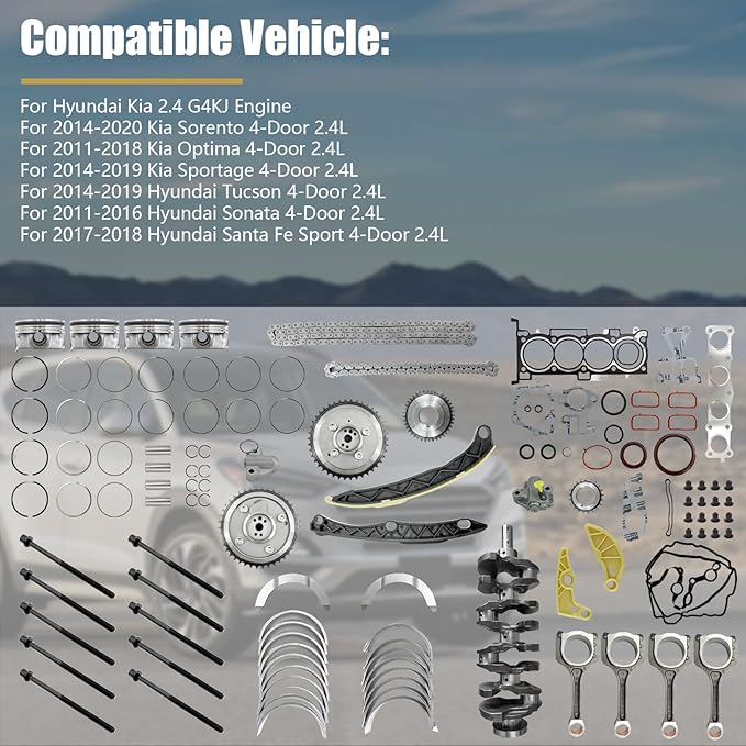 G4KJ 2.4L Engine Rebuild Overhaul Kit w/Crankshaft, Timing Chain Kit, Head Gasket Set & Pistons Fits for Kia Sportage; for Hyundai Sonata Santa Fe Sport Replace#23111-2G200 21020-25150 23040-2G510