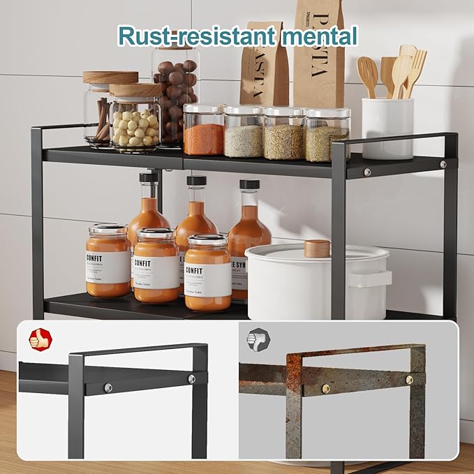 2 Tier Cabinet Shelf Expandable Cupboard Under Sink Countertop Organizer Riser Rack for Kitchen Pantry Home Organization Extra Storage Space Saver Heavy Duty