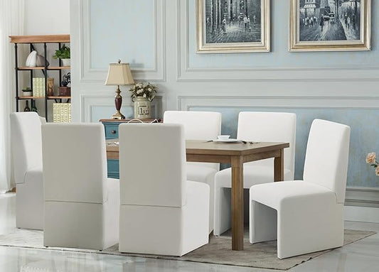 Upholstered Dining Chairs Set of 6 Modern Kitchen & Dining Room Chairs Linen Fabric Dining Chairs with Wooden Frame, White
