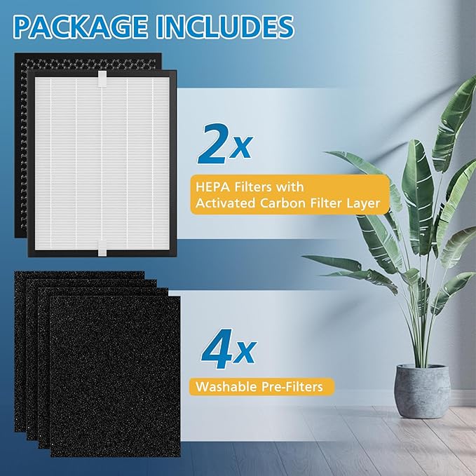2 Pack KJ190L Filter Replacement Compatible with MOOKA KJ190L Air Purifier For Home Large Room 2000 Ft², 2 HEPA Filters and 4 Washable PreFilters Pet Air Purifier Filters for Bedroom