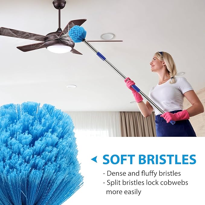 Cobweb Duster with Extension Pole,4-6FT Stainless Steel Spider Web Brush with Pole,Cobweb Duster Outdoor for High Ceilings and Surfaces,Steel Long Handle, Lightweight Cleaner
