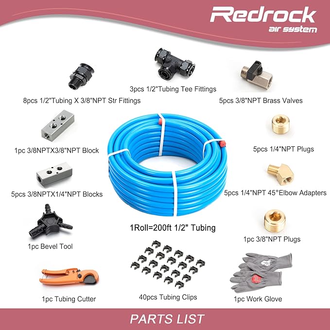 Compressed Air Line Kit 1/2" x 200ft 5-Ways Out HDPE Aluminum Air Compressor Piping for Garage LeakProof&Easy to Install Air Hose Kit Air Compressor Accessories 200PSI ASTM F1282