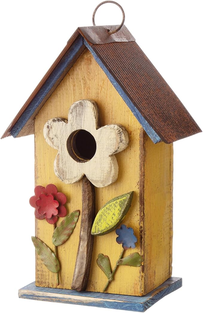 Glitzhome 10.2" H Hanging Bird House for Outdoor Patio Garden Decorative Birdhouse Pet Cottage Distressed Wooden Birdhouse, Yellow Flower
