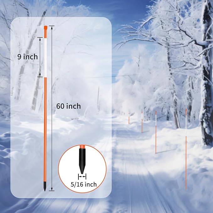 Growsun Driveway Marker 5ft Orange Fiberglass 5/16 inch Dia Snow Fence Reflective Plow Stakes for Yard Walkways Parking Lots Safety Rods Edge, 100 Pack