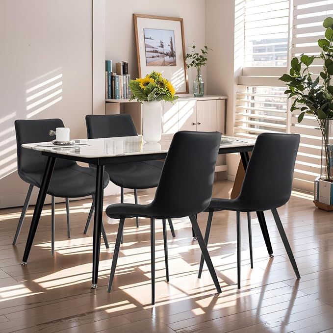 Dining Chairs, Modern PU Leather Dining Room Chair with Sturdy Metal Legs, Upholstered Seat Dinner Chairs Accent Side Chairs for Indoor Kitchen Living Room (Black, Set of 2)