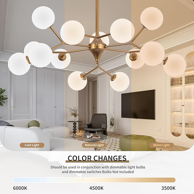 COCOSTAR Reddish Sand Gold Dining Room Chandelier, 15 Lights Modern Sputnik Chandelier for Kitchen Island Living Room Bedroom, Ceiling Light Fixture Over Table, G9 Base