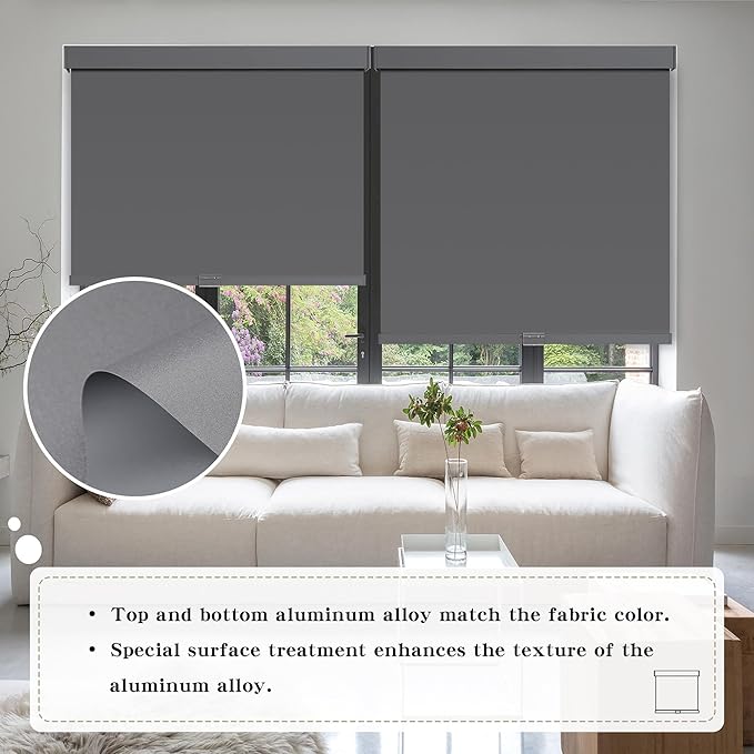 Cordless Blackout Roller Shades Blinds for Windows Free-Stop,Pull Down Room Darkening with Valance,Thermal Insulated Woven Fabric Window Door Blinds for Home,Office,Grey 43" W x 72" L