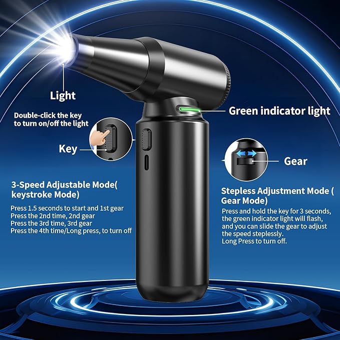 Compressed Air Duster with LED Flashlight, 300,000RPM Brushless Motor Electric Air Duster, 3-Gear Adjustable Mini Blower, Cordless Jet Fan for Keyboard, PC, Car and Home Cleaning1