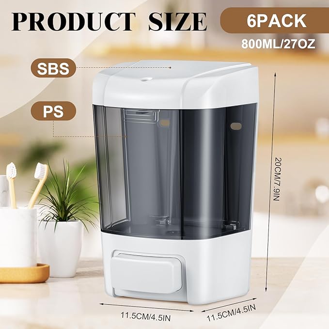 Hushee 6 Pcs Plastic Wall Mounted Soap Dispenser Commercial Manual Soap Dispenser Containers for Kitchen Shower Hotel