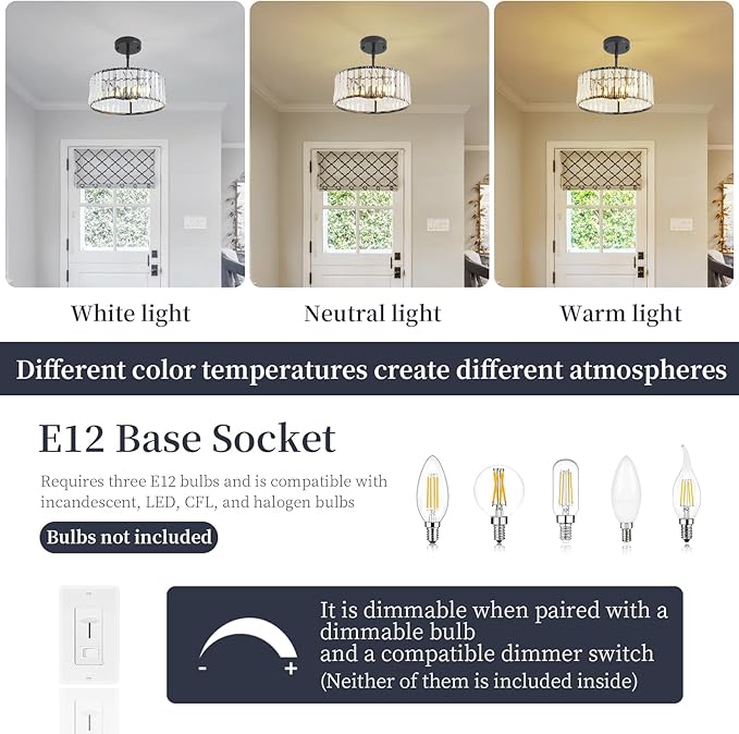 Black Crystal Chandelier for Dining Room,Modern Semi Flush Mount Ceiling Light Fixtures,3-Ligh Round Kitchen Hanging Drum Pendant Light Fixture for Hallway Entryway Foyer Laundry Room, 12''