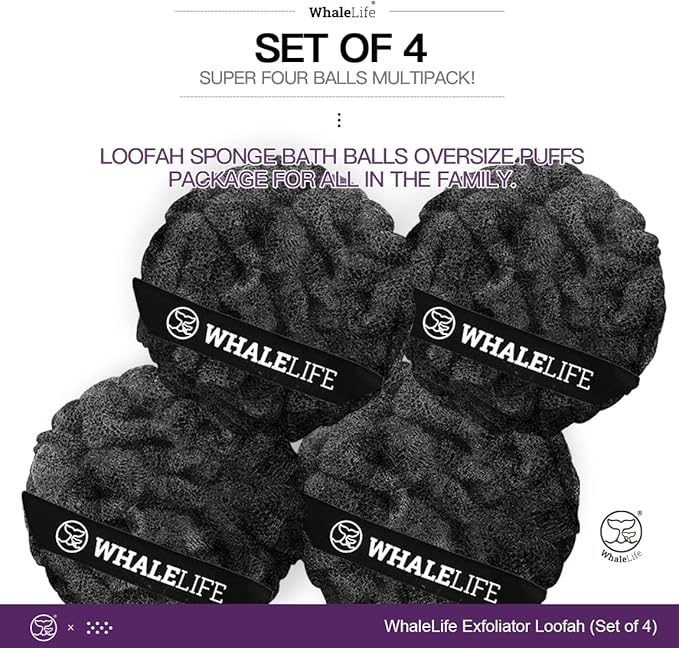 Loofah Sponge Bath Sponge for Women Men 4 Pack (Black Rough Surface)