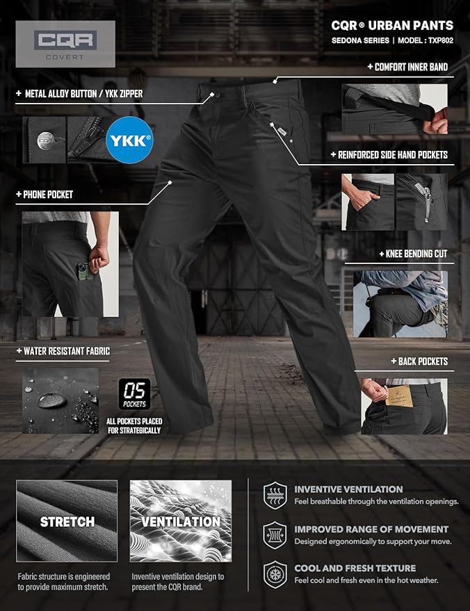 CQR Men's Vent Stretch Pants, Quick Dry Lightweight Casual Cargo Pants, Water Resistant Straight-Fit Utility Work Pants