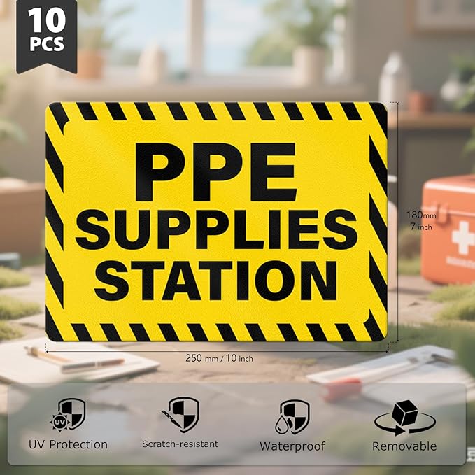 10 PCS PPE Supplies Station Stickers 10 × 7 Inches Vinyl Waterproof Self Adhesive Safety Sign for Workplace Construction Site Warehouse
