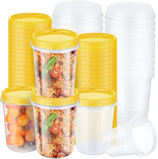 24 Pcs 32 oz Food Storage Freezer Container with Twist Top Lids Reusable Plastic Soup Food Containers with Screw on Lids Leakproof Round Containers for Juice Condiments Fruit Snacks Leftovers(Yellow)